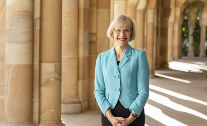 Vice-Chancellor Professor Deborah Terry UQ Vice-Chancellor stands in the cloisters of the Great Court at the St Lucia campus.